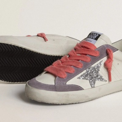 Golden Goose Super-Star Sneaker With Silver Glitter Star And Lilac Suede Heel Tab