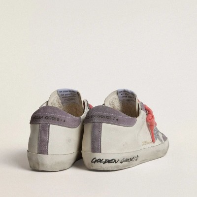 Golden Goose Super-Star Sneaker With Silver Glitter Star And Lilac Suede Heel Tab