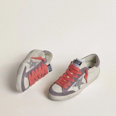 Golden Goose Super-Star Sneaker With Silver Glitter Star And Lilac Suede Heel Tab Golden Goose Super-Star Sneaker With Silver Glitter Star And Lilac Suede Heel Tab