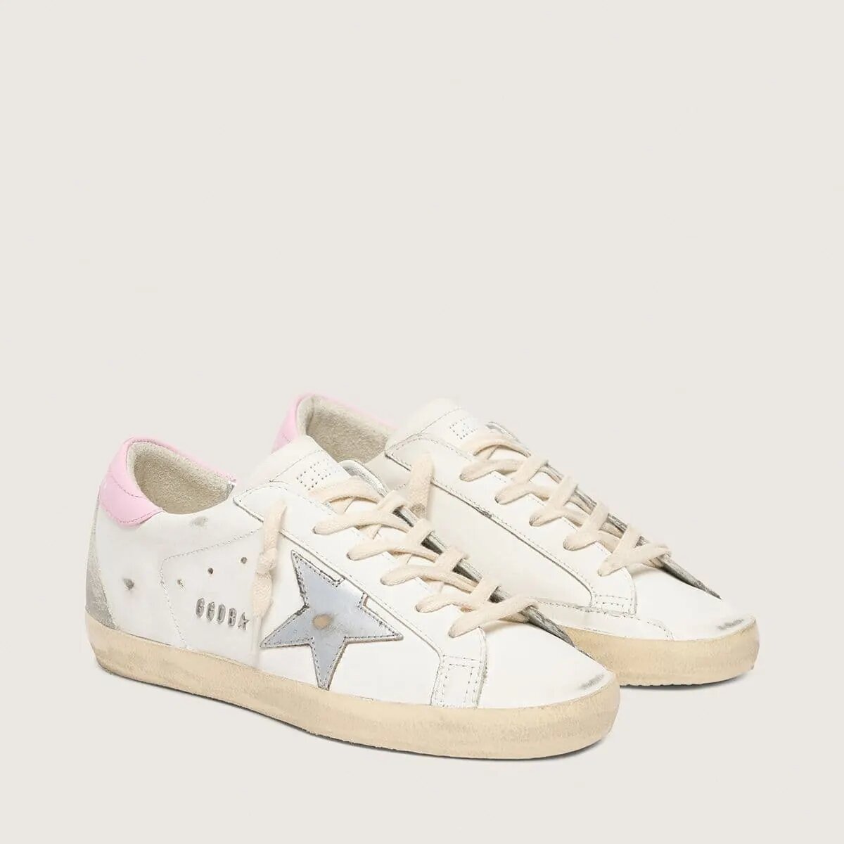 Golden Goose Super-Star Sneaker With Silver Leather Star And Pink Heel Tab Golden Goose Super-Star Sneaker With Silver Leather Star And Pink Heel Tab