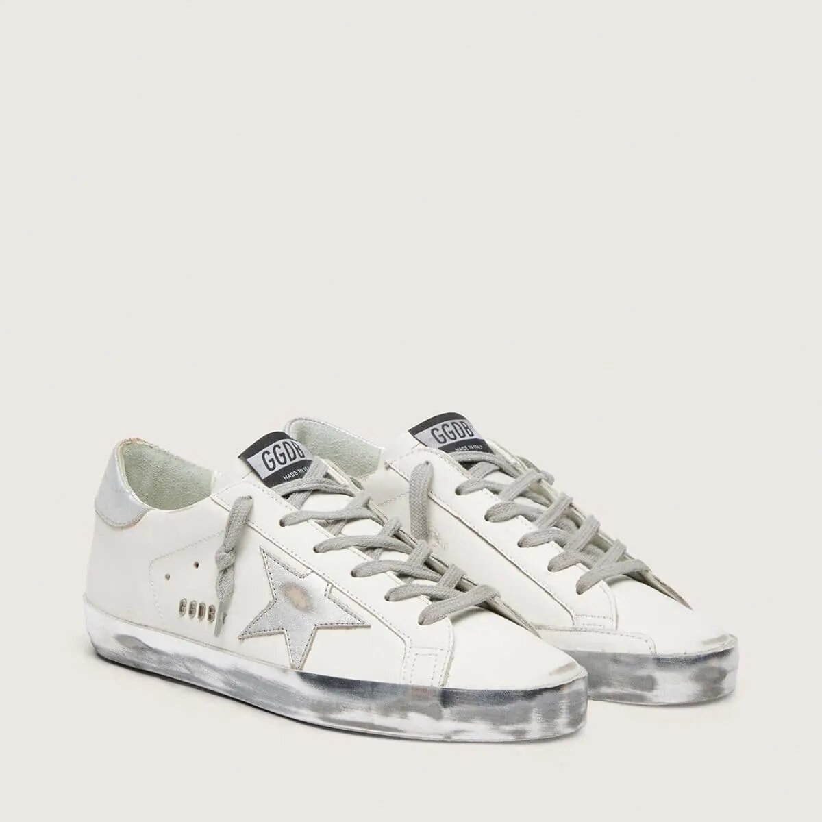 Golden Goose Super-Star Sneaker With Silver Sparkle Foxing And Metal Stud Lettering Golden Goose Super-Star Sneaker With Silver Sparkle Foxing And Metal Stud Lettering
