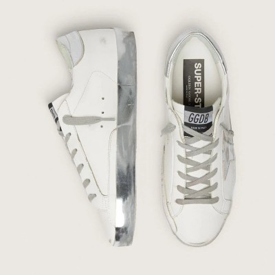 Golden Goose Super-Star Sneaker With Silver Sparkle Foxing And Metal Stud Lettering Golden Goose Super-Star Sneaker With Silver Sparkle Foxing And Metal Stud Lettering