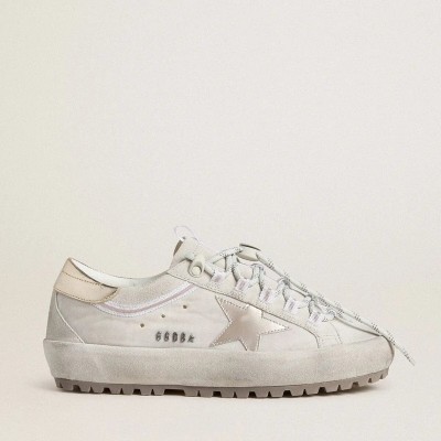 Golden Goose Super-Star Ski Sneaker In Light Gray Nylon With Metallic Leather Star And Heel Tab Golden Goose Super-Star Ski Sneaker In Light Gray Nylon With Metallic Leather Star And Heel Tab