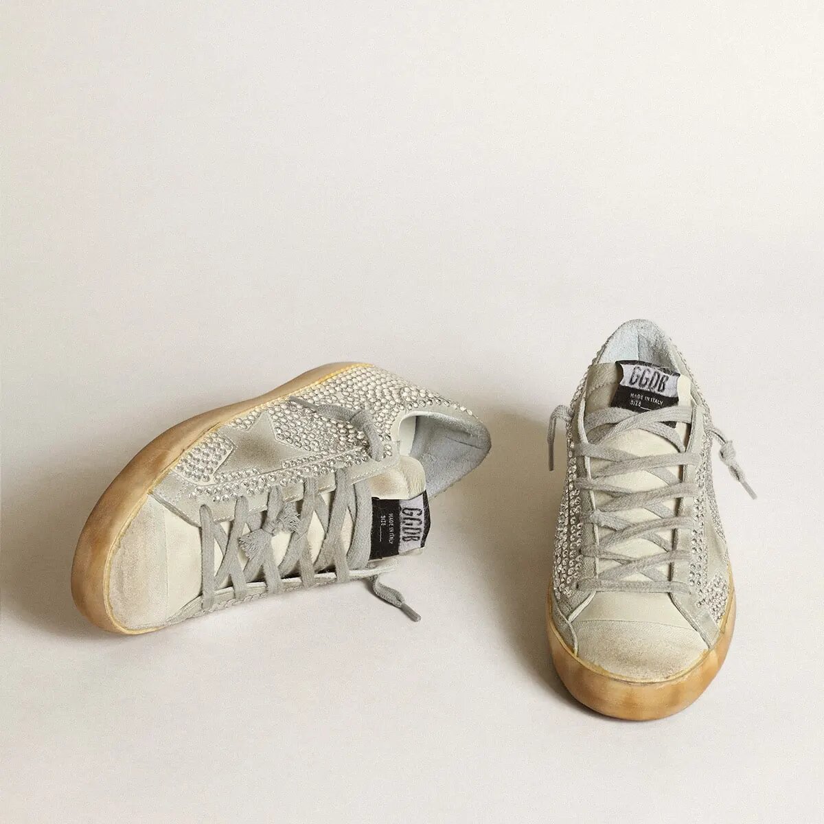 Golden Goose Super-Star Sneaker In Aged White Nubuck With Swarovski Crystals Golden Goose Super-Star Sneaker In Aged White Nubuck With Swarovski Crystals