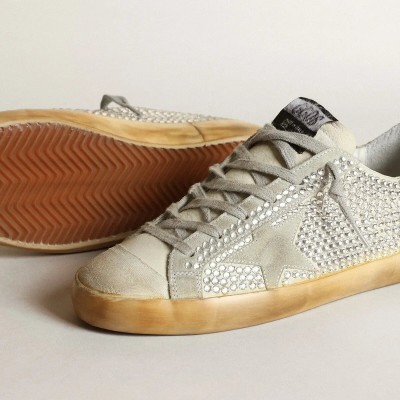 Golden Goose Super-Star Sneaker In Aged White Nubuck With Swarovski Crystals Golden Goose Super-Star Sneaker In Aged White Nubuck With Swarovski Crystals