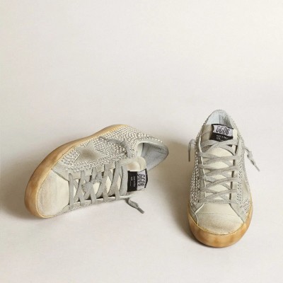 Golden Goose Super-Star Sneaker In Aged White Nubuck With Swarovski Crystals Golden Goose Super-Star Sneaker In Aged White Nubuck With Swarovski Crystals