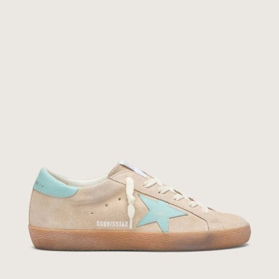 Golden Goose Super-Star Sneaker In Beige Suede With Aqua-Green Star Golden Goose Super-Star Sneaker In Beige Suede With Aqua-Green Star