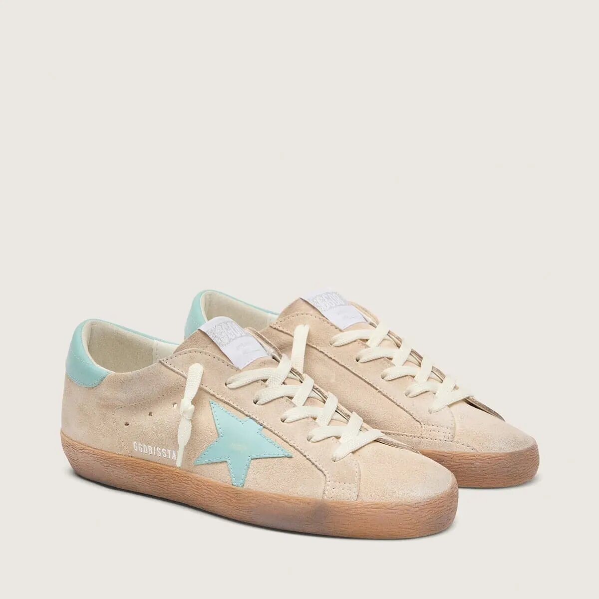 Golden Goose Super-Star Sneaker In Beige Suede With Aqua-Green Star Golden Goose Super-Star Sneaker In Beige Suede With Aqua-Green Star