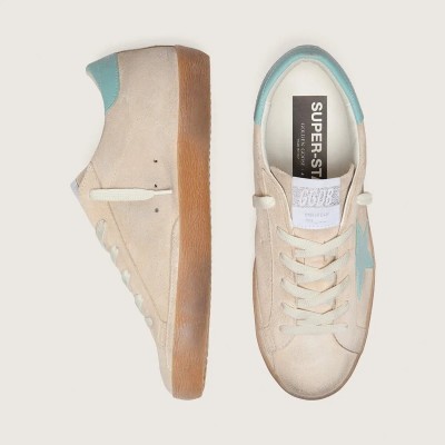 Golden Goose Super-Star Sneaker In Beige Suede With Aqua-Green Star Golden Goose Super-Star Sneaker In Beige Suede With Aqua-Green Star
