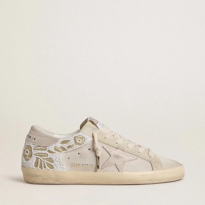 Golden Goose Super-Star Sneaker In Beige Suede With Bead Embroidery And Laminated Suede Star