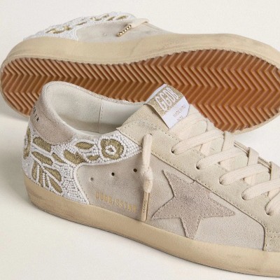Golden Goose Super-Star Sneaker In Beige Suede With Bead Embroidery And Laminated Suede Star