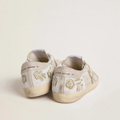 Golden Goose Super-Star Sneaker In Beige Suede With Bead Embroidery And Laminated Suede Star