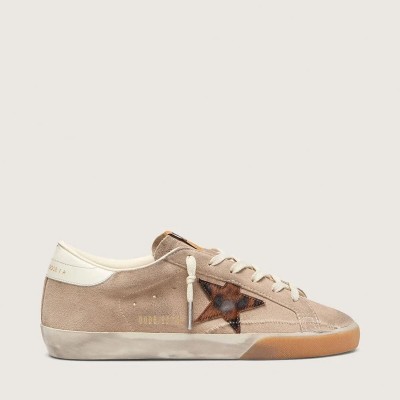 Golden Goose Super-Star Sneaker In Beige Suede With Leopard-Print Star Golden Goose Super-Star Sneaker In Beige Suede With Leopard-Print Star