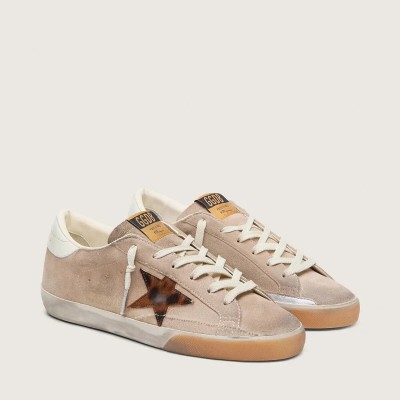 Golden Goose Super-Star Sneaker In Beige Suede With Leopard-Print Star Golden Goose Super-Star Sneaker In Beige Suede With Leopard-Print Star