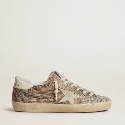 Golden Goose Super-Star Sneaker In Beige Suede And Multicolored Crystals With Cream-Colored Leather Star And Heel Tab Golden Goose Super-Star Sneaker In Beige Suede And Multicolored Crystals With Cream-Colored Leather Star And Heel Tab