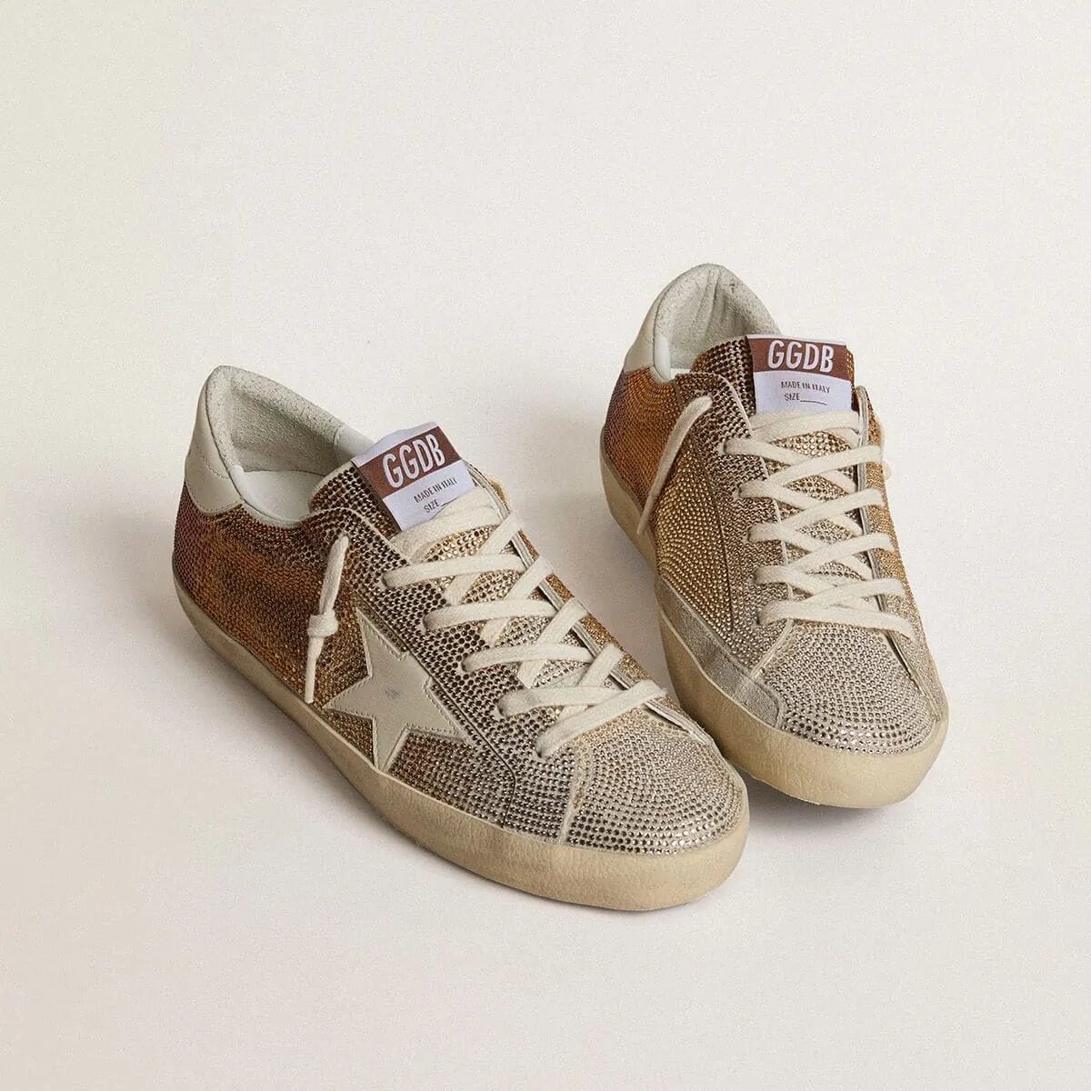 Golden Goose Super-Star Sneaker In Beige Suede And Multicolored Crystals With Cream-Colored Leather Star And Heel Tab Golden Goose Super-Star Sneaker In Beige Suede And Multicolored Crystals With Cream-Colored Leather Star And Heel Tab