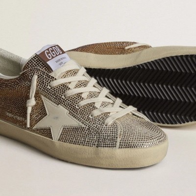 Golden Goose Super-Star Sneaker In Beige Suede And Multicolored Crystals With Cream-Colored Leather Star And Heel Tab Golden Goose Super-Star Sneaker In Beige Suede And Multicolored Crystals With Cream-Colored Leather Star And Heel Tab
