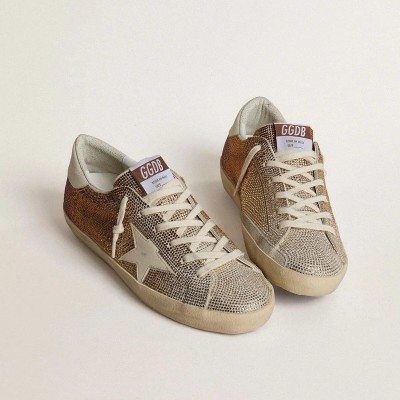 Golden Goose Super-Star Sneaker In Beige Suede And Multicolored Crystals With Cream-Colored Leather Star And Heel Tab