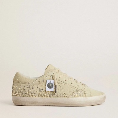 Golden Goose Super-Star Sneaker In Beige Suede With Pearls And Swarovski Crystals Golden Goose Super-Star Sneaker In Beige Suede With Pearls And Swarovski Crystals