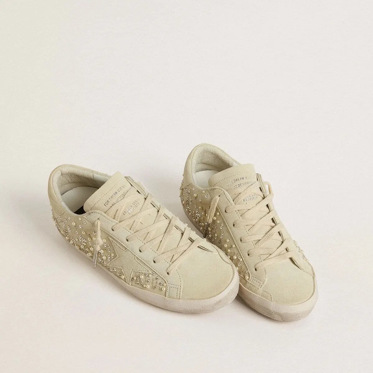 Golden Goose Super-Star Sneaker In Beige Suede With Pearls And Swarovski Crystals Golden Goose Super-Star Sneaker In Beige Suede With Pearls And Swarovski Crystals