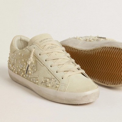 Golden Goose Super-Star Sneaker In Beige Suede With Pearls And Swarovski Crystals Golden Goose Super-Star Sneaker In Beige Suede With Pearls And Swarovski Crystals