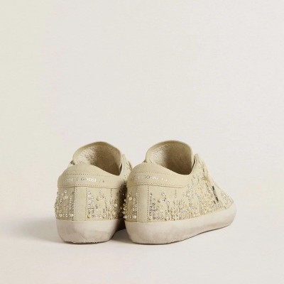 Golden Goose Super-Star Sneaker In Beige Suede With Pearls And Swarovski Crystals Golden Goose Super-Star Sneaker In Beige Suede With Pearls And Swarovski Crystals