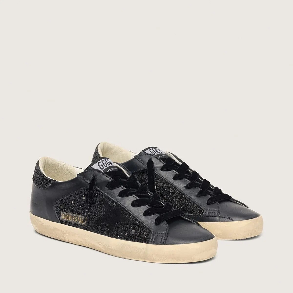 Golden Goose Super-Star Sneaker In Black Glitter With Black Suede Star And Leather Inserts Golden Goose Super-Star Sneaker In Black Glitter With Black Suede Star And Leather Inserts