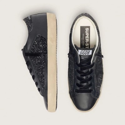 Golden Goose Super-Star Sneaker In Black Glitter With Black Suede Star And Leather Inserts Golden Goose Super-Star Sneaker In Black Glitter With Black Suede Star And Leather Inserts