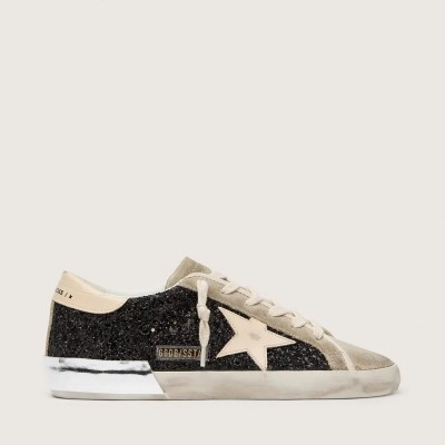 Golden Goose Super-Star Sneaker In Black Glitter With Cream Star And Suede Inserts Golden Goose Super-Star Sneaker In Black Glitter With Cream Star And Suede Inserts