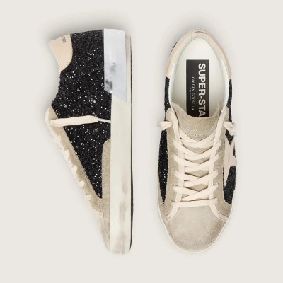 Golden Goose Super-Star Sneaker In Black Glitter With Cream Star And Suede Inserts Golden Goose Super-Star Sneaker In Black Glitter With Cream Star And Suede Inserts