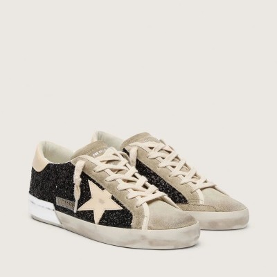 Golden Goose Super-Star Sneaker In Black Glitter With Cream Star And Suede Inserts Golden Goose Super-Star Sneaker In Black Glitter With Cream Star And Suede Inserts