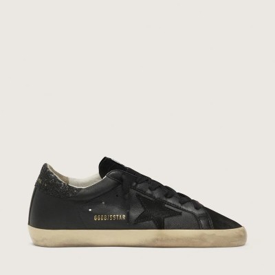 Golden Goose Super-Star Sneaker In Black Nappa With Black Star And Glitter Heel Tab Golden Goose Super-Star Sneaker In Black Nappa With Black Star And Glitter Heel Tab