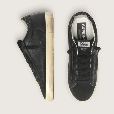 Golden Goose Super-Star Sneaker In Black Nappa With Black Star And Glitter Heel Tab Golden Goose Super-Star Sneaker In Black Nappa With Black Star And Glitter Heel Tab