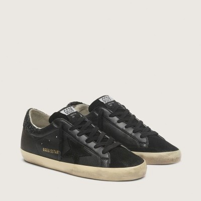 Golden Goose Super-Star Sneaker In Black Nappa With Black Star And Glitter Heel Tab Golden Goose Super-Star Sneaker In Black Nappa With Black Star And Glitter Heel Tab