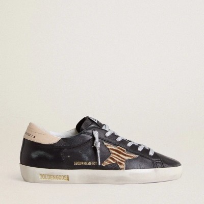 Golden Goose Super-Star Sneaker In Black Nappa Leather With Zebra-Print Pony Skin Star And Beige Leather Heel Tab Golden Goose Super-Star Sneaker In Black Nappa Leather With Zebra-Print Pony Skin Star And Beige Leather Heel Tab