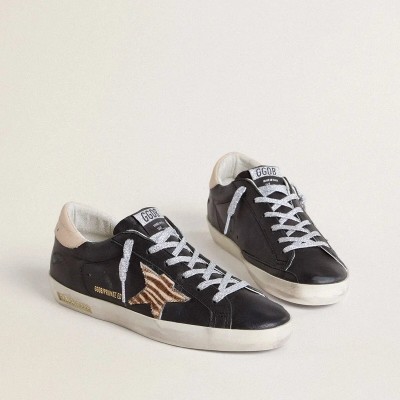 Golden Goose Super-Star Sneaker In Black Nappa Leather With Zebra-Print Pony Skin Star And Beige Leather Heel Tab Golden Goose Super-Star Sneaker In Black Nappa Leather With Zebra-Print Pony Skin Star And Beige Leather Heel Tab