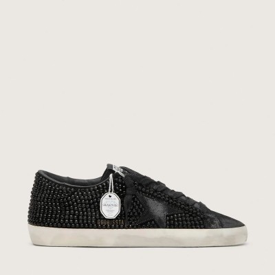 Golden Goose Super-Star Sneaker In Black Suede With Swarovski Crystals And Black Suede Star Golden Goose Super-Star Sneaker In Black Suede With Swarovski Crystals And Black Suede Star