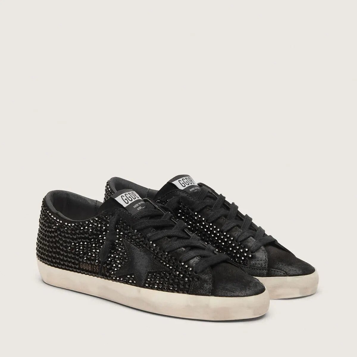 Golden Goose Super-Star Sneaker In Black Suede With Swarovski Crystals And Black Suede Star Golden Goose Super-Star Sneaker In Black Suede With Swarovski Crystals And Black Suede Star