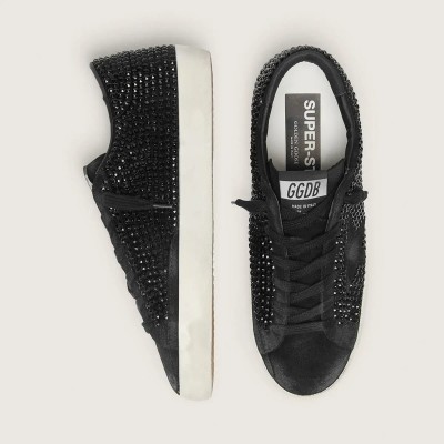 Golden Goose Super-Star Sneaker In Black Suede With Swarovski Crystals And Black Suede Star Golden Goose Super-Star Sneaker In Black Suede With Swarovski Crystals And Black Suede Star