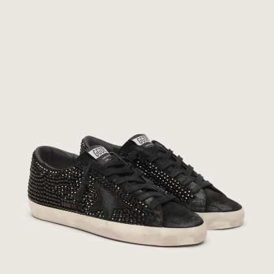 Golden Goose Super-Star Sneaker In Black Suede With Swarovski Crystals And Black Suede Star Golden Goose Super-Star Sneaker In Black Suede With Swarovski Crystals And Black Suede Star