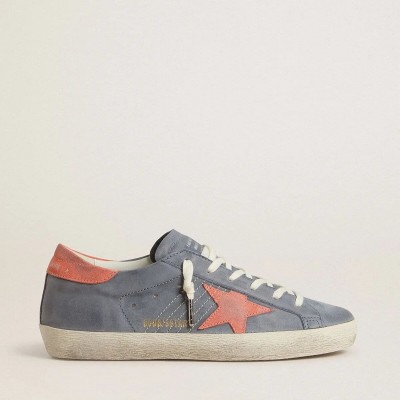 Golden Goose Super Star Sneaker In Blue Nubuck With Pink Suede Star And Heel Tab Golden Goose Super Star Sneaker In Blue Nubuck With Pink Suede Star And Heel Tab