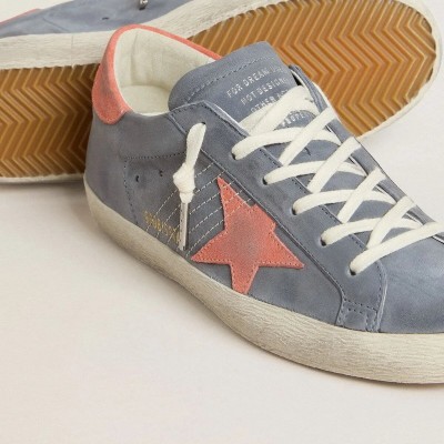 Golden Goose Super Star Sneaker In Blue Nubuck With Pink Suede Star And Heel Tab Golden Goose Super Star Sneaker In Blue Nubuck With Pink Suede Star And Heel Tab