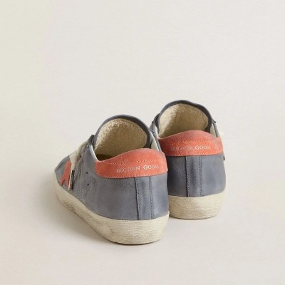 Golden Goose Super Star Sneaker In Blue Nubuck With Pink Suede Star And Heel Tab Golden Goose Super Star Sneaker In Blue Nubuck With Pink Suede Star And Heel Tab