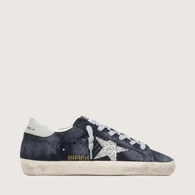Golden Goose Super-Star Sneaker In Blue Suede With Silver Glitter Star And Leather Heel Tab