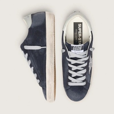 Golden Goose Super-Star Sneaker In Blue Suede With Silver Glitter Star And Leather Heel Tab
