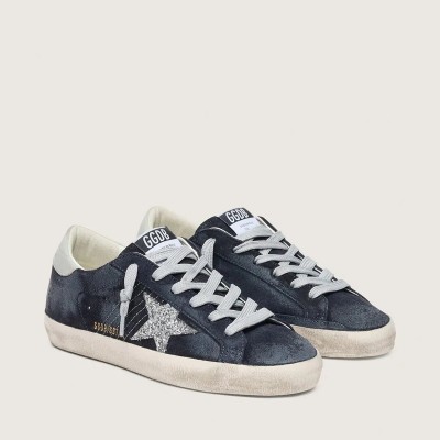 Golden Goose Super-Star Sneaker In Blue Suede With Silver Glitter Star And Leather Heel Tab Golden Goose Super-Star Sneaker In Blue Suede With Silver Glitter Star And Leather Heel Tab