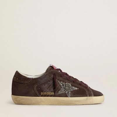 Golden Goose Super-Star Sneaker In Brown Suede With Silver Glitter Star Golden Goose Super-Star Sneaker In Brown Suede With Silver Glitter Star