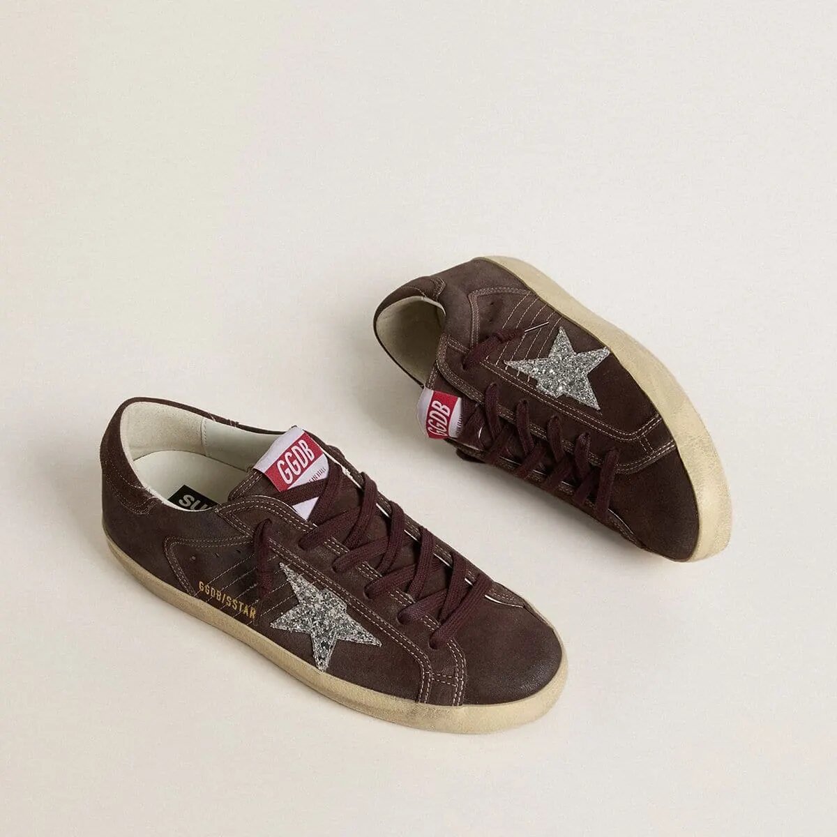 Golden Goose Super-Star Sneaker In Brown Suede With Silver Glitter Star Golden Goose Super-Star Sneaker In Brown Suede With Silver Glitter Star