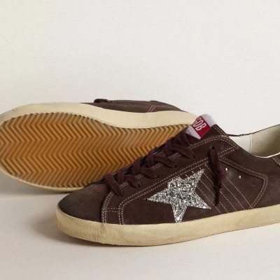 Golden Goose Super-Star Sneaker In Brown Suede With Silver Glitter Star Golden Goose Super-Star Sneaker In Brown Suede With Silver Glitter Star