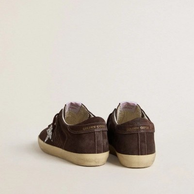 Golden Goose Super-Star Sneaker In Brown Suede With Silver Glitter Star Golden Goose Super-Star Sneaker In Brown Suede With Silver Glitter Star